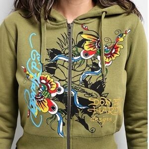 Ed Hardy Women's Olive Graphic Zip-Up Jacket